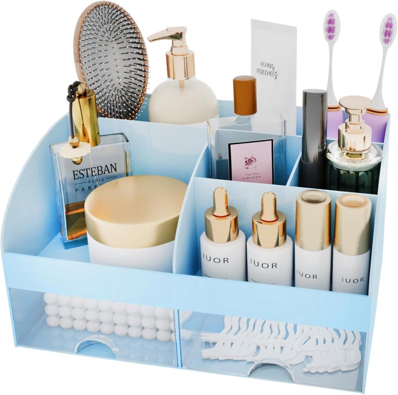 COMFYROOM Makeup Organizer with Drawers, Cosmetic Storage for Dresser Vanity and Bathroom Countertop, Beauty Holder for Lipstick Brush, Skincare Organizer for Vanity, Cosmetic Display Case (Blue) - Image 2